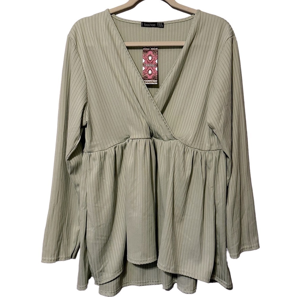 Boohoo Sage Ribbed Babydoll Tunic Y2K Soft Girl Casual Oversized Coquette 20 NWT